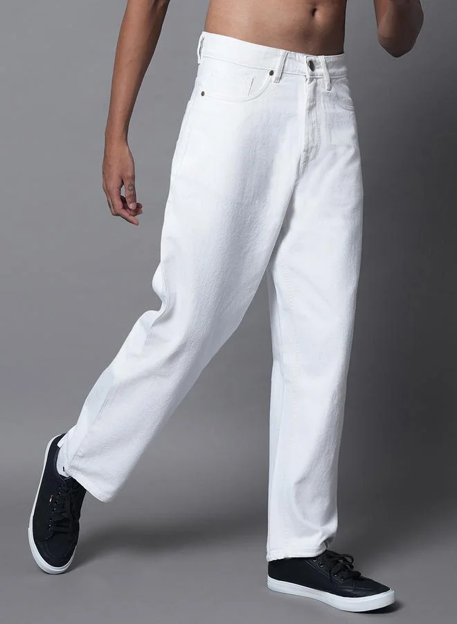 HIGH STAR Men's White Cotton Blend Solid Pattern Full Length Straight Fit Jeans
