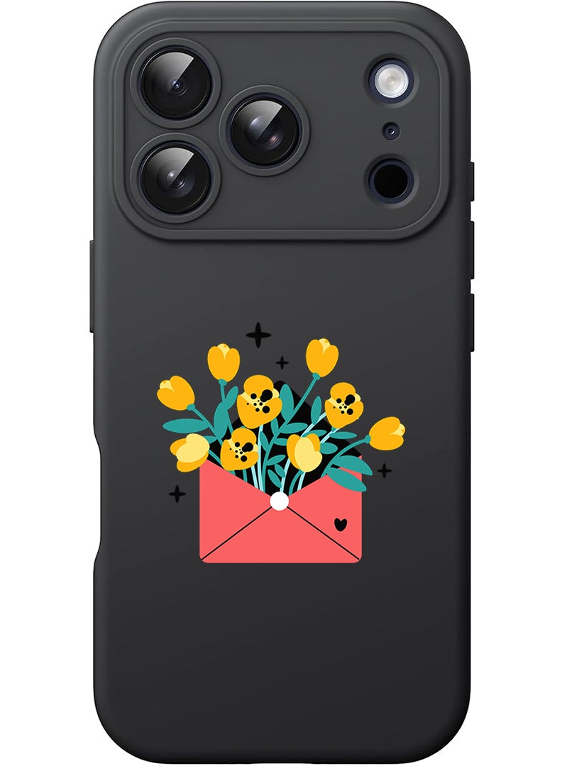 Theodor Protective Slim Fit Case Liquid Silicone Cover with Full Body Protection Anti-Scratch Shockproof Case For Apple iPhone 17 Pro Max (Black) flowers in envelope - Image 1