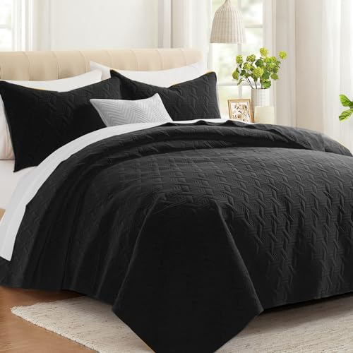 Lavsiry Black Queen Size Quilt Bedding Set with Pillow Shams, Summer Lightweight Bedspread Coverlet, Soft Quilted Blanket Thin Comforter for All Seasons - Image 1
