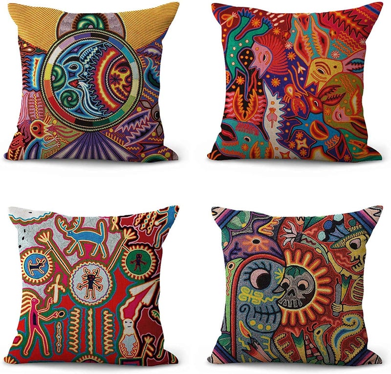 ArtSocket Set of 4 Linen Throw Pillow Covers Mexican Huichol Decorative Pillow Cases Home Decor Square 24x24 inches Pillowcases