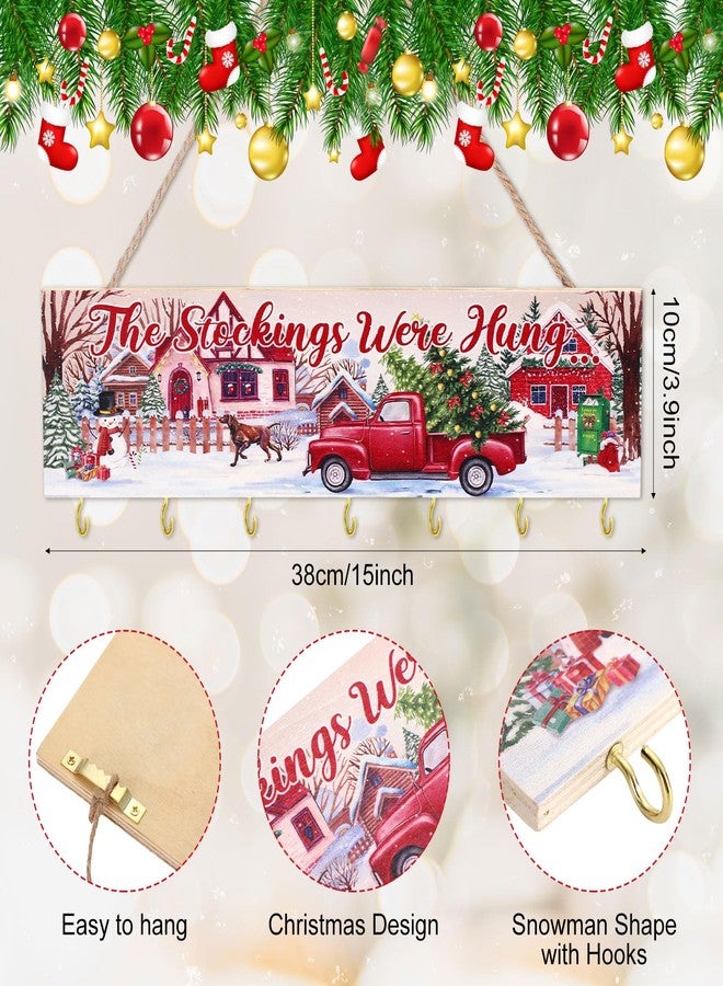 Maitys Christmas Stocking Holder with 7 Hangers - Wooden Organizer Sign 'The Stockings were Hung' - Xmas Mantel Snowmen Wall Mount Hanging Hook for Mantel (Truck) - Image 2