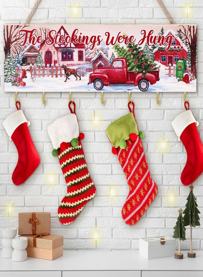 Maitys Christmas Stocking Holder with 7 Hangers - Wooden Organizer Sign 'The Stockings were Hung' - Xmas Mantel Snowmen Wall Mount Hanging Hook for Mantel (Truck) - Image 1