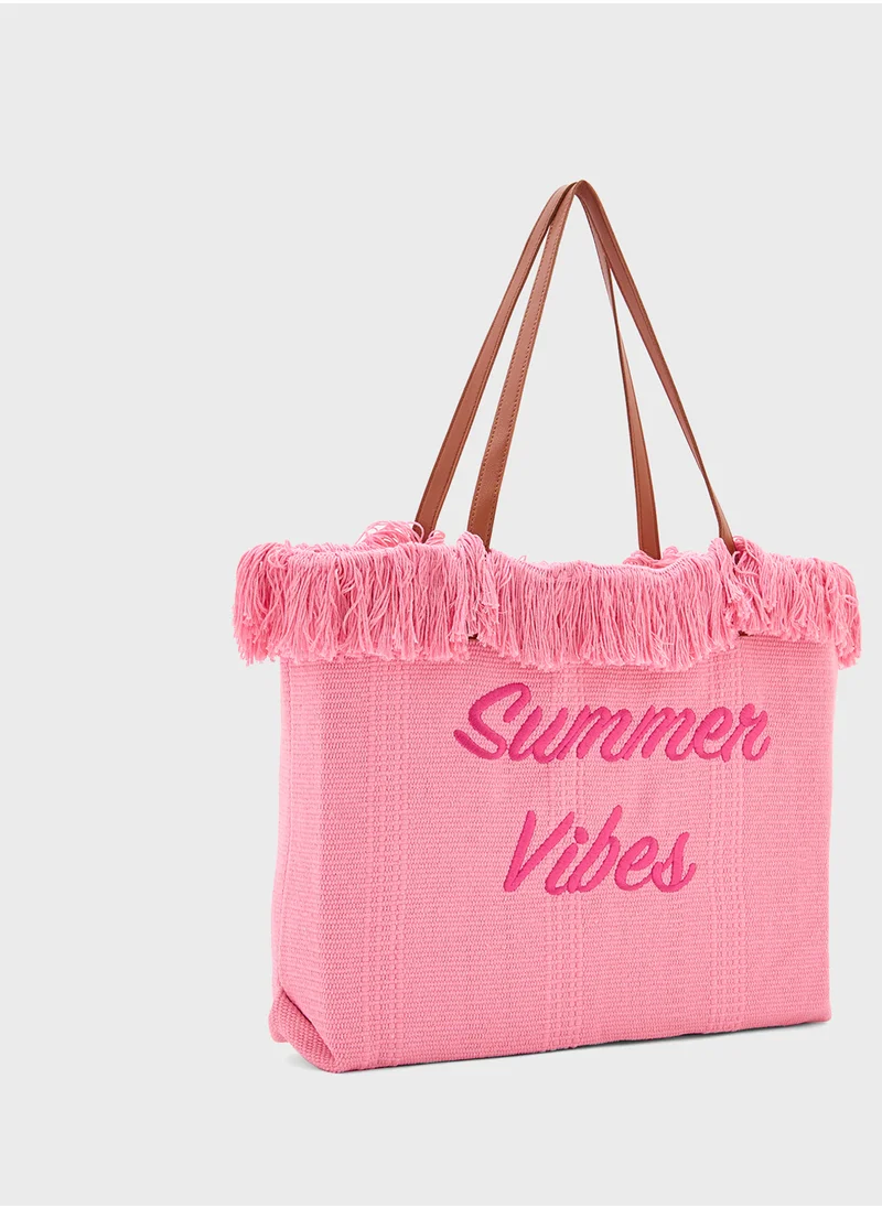 جينجر Summer Vibes Frayed Edge Canvas Shopper Bag