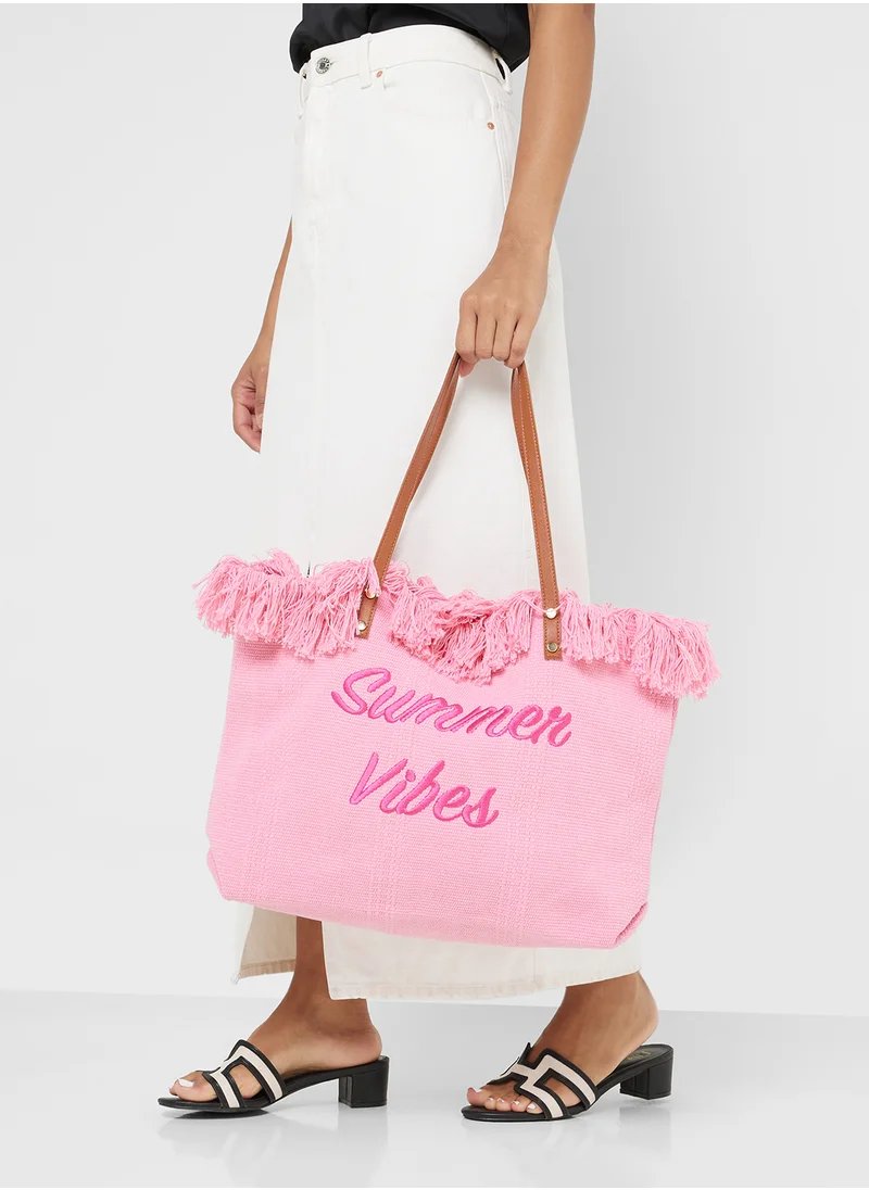 جينجر Summer Vibes Frayed Edge Canvas Shopper Bag