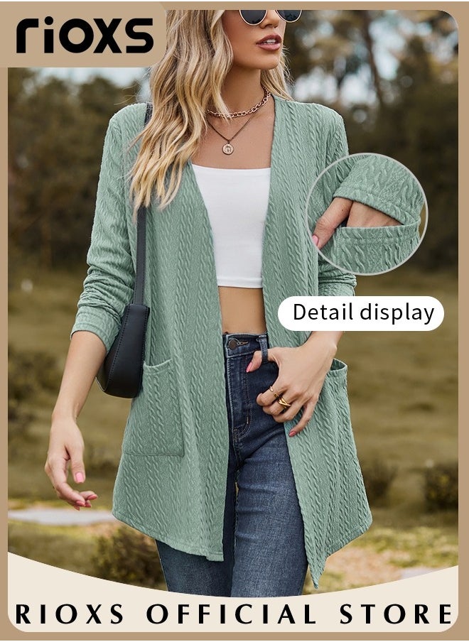 RIOXS Fashionable Mid-long Cardigans for Women, Trendy Long Sleeve Cardigan, Classic Elegant Open Front Sweater Coat with 2 Pockets, No Zipper or Buttons, Comfortable to Wear, Suitable for Wearing When Going Out  - Image 2
