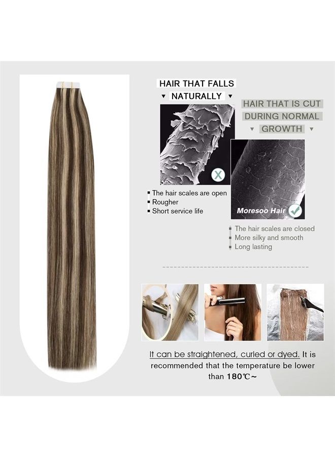 Moresoo Tape in Extensions Highlighted Hair Extensions Tape in Human Hair Invisible Hair Extensions Tape in Brown Highlighted with Blonde Tape in Hair Extensions Human Hair 16 Inch #P4/27 20pcs 50g