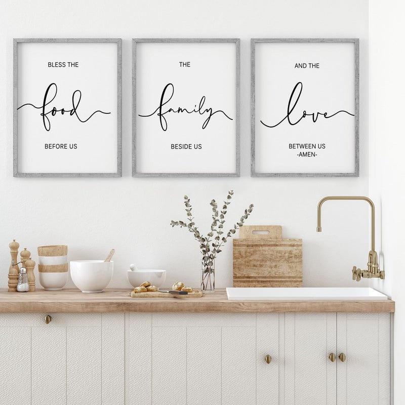 Heiple Set of 3 Framed Farmhouse Bless The Food Before Us Sign 11x14” Kitchen Wall Decor for Dining Room Decor Wall Art Wood Signs (11x14 inches, Grey) - Image 1