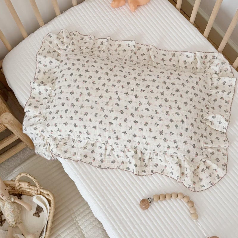 BuLuTu Chic Bellflower Pink Toddler Pillowcase with Ruffles Pillow Cover for Boys Girls 1 2 3 4 5 6 Years Old, Soft Breathable Muslin Cotton Pillow Case for Crib Cot Cradle, 14"x20", 1 pc - Image 1