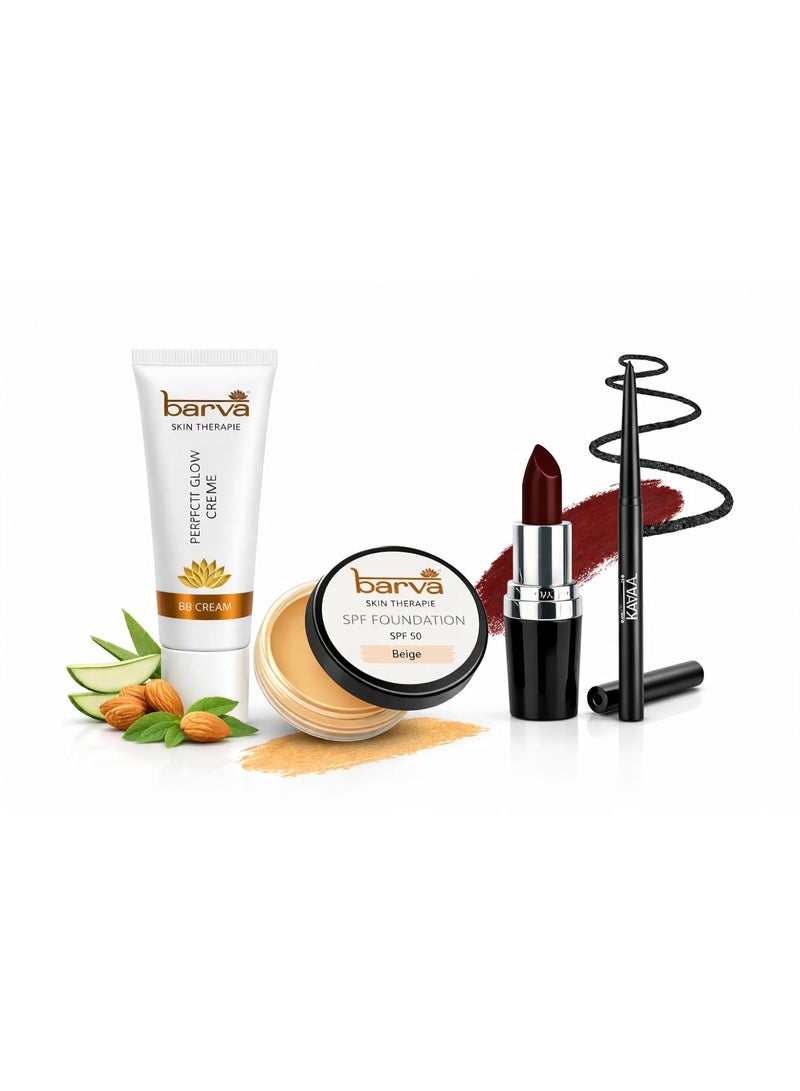 Barva Simple Makeover Kit – Ghee Enriched Makeup Combo | BB Cream 10ml, Kajal, Beige Foundation 9g & Lipstick (Wine Red 616) 4.3g | Complete Makeup Kit for Women | Daily & Travel Use - Image 1