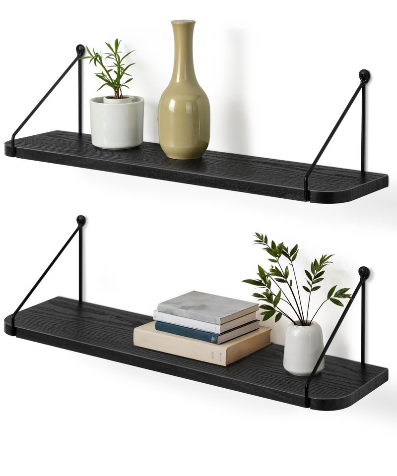 Afuly 24in Floating Shelves for Wall Black Wooden Shelves with Triangular Brackets for Bathroom Living Room Bedroom Kitchen Home Wall Decor Set of 2