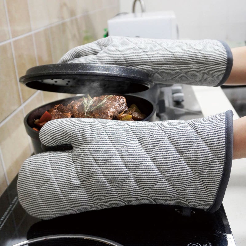 RED LMLDETA 1 Pair Yarn Dyed Oven Mitts 100% Cotton Heat Resistant 470 Degree Gloves Men Women Cooking Baking Barbecue BBQ Microwave Crafting Machine Washable Pot Holders Mittens (Grey) - Image 5