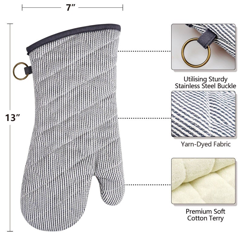 RED LMLDETA 1 Pair Yarn Dyed Oven Mitts 100% Cotton Heat Resistant 470 Degree Gloves Men Women Cooking Baking Barbecue BBQ Microwave Crafting Machine Washable Pot Holders Mittens (Grey) - Image 2