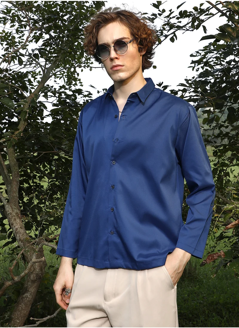 كامبوس سوترا Men's Admiral Blue Satin Oversized Shirt
