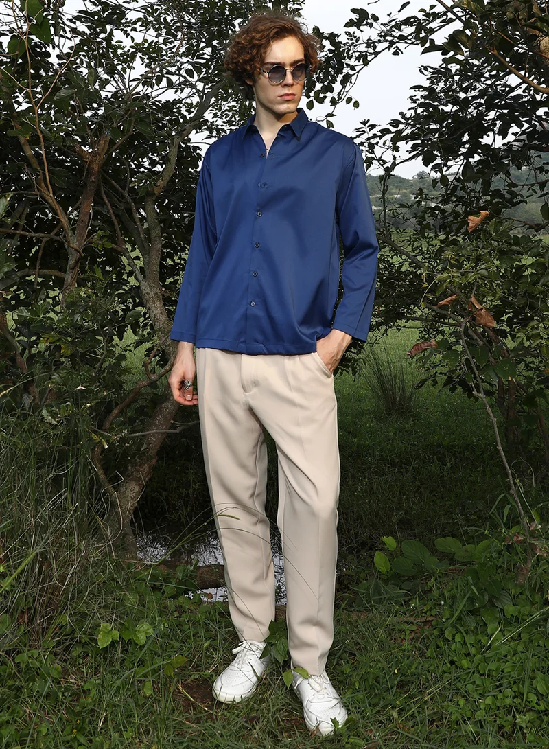 Campus Sutra Men's Admiral Blue Satin Oversized Shirt