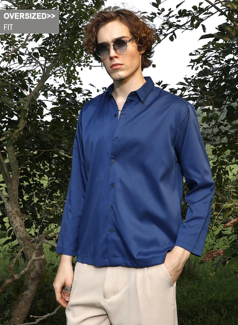 Campus Sutra Campus Sutra Men's Admiral Blue Satin Oversized Shirt For Casual Wear | Spread Collar | Long Regular Sleeves | Button Closure | Oversized Shirt Crafted With Comfort Fit For Everyday Wear