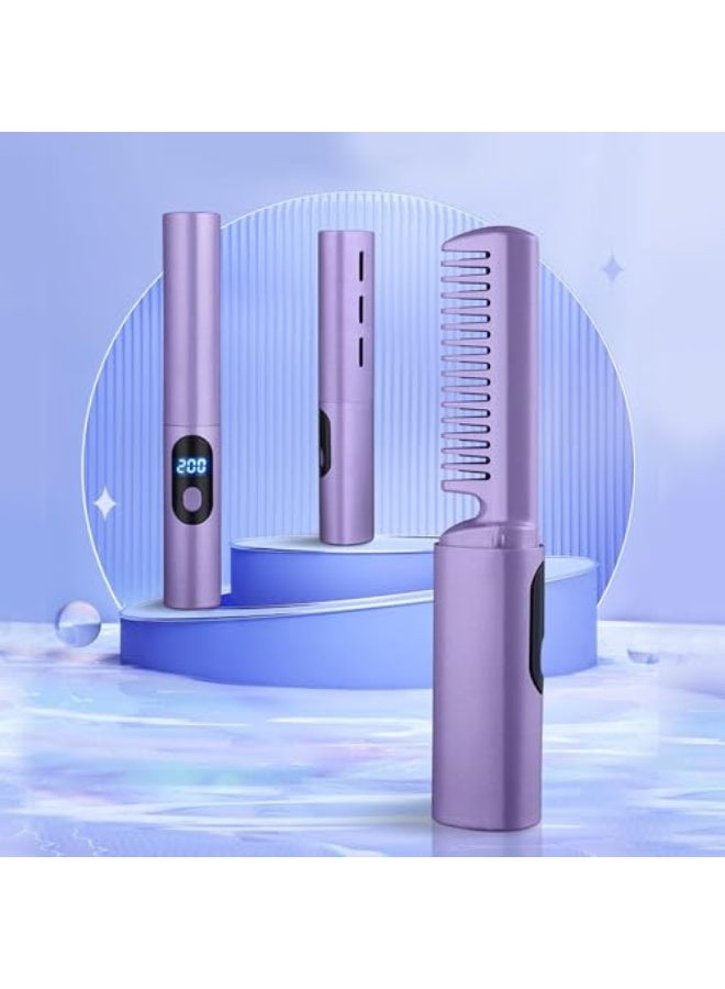 مكواة فرد الشعر قابلة للشحن، فرشاة شعر صغيرة محمولة، مشط أيوني مع منفذ USB، وشاشة LCD لدرجة الحرارة، صغيرة ولاسلكية، مناسبة للاستخدام المنزلي والسفر، باللون الأرجواني، مصنوعة من السيراميك. - Image 1