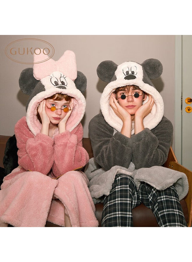 Gukoo Couple's Pajamas Winter Style Plush Women's Loungewear Warm Hooded Cartoon Bathrobe Men's Minnie Pink Sleepwear S - Image 1