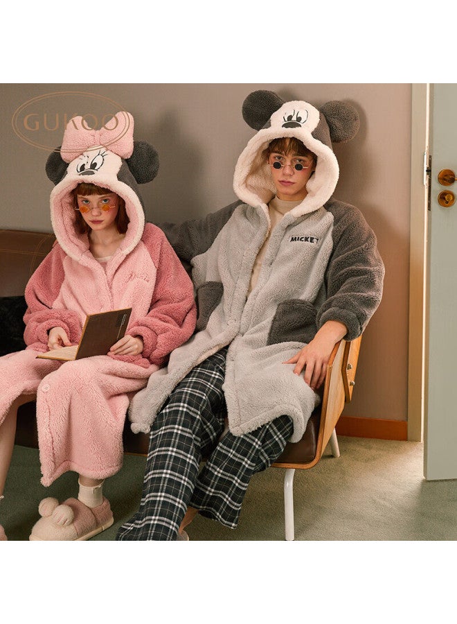 Gukoo Couple's Pajamas Winter Style Plush Women's Loungewear Warm Hooded Cartoon Bathrobe Men's Minnie Pink Sleepwear S - Image 2