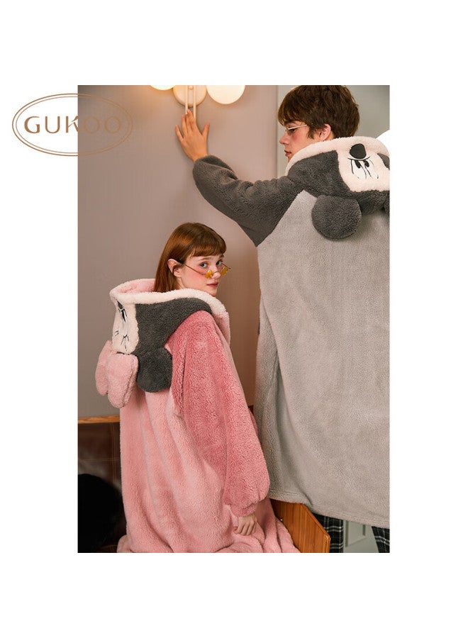 Gukoo Couple's Pajamas Winter Style Plush Women's Loungewear Warm Hooded Cartoon Bathrobe Men's Minnie Pink Sleepwear S - Image 3