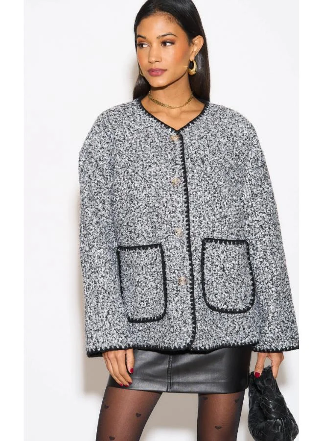Hoxton Gal Grey Teddy Button‑Front Relaxed Fit Cardigan Contrast Trim