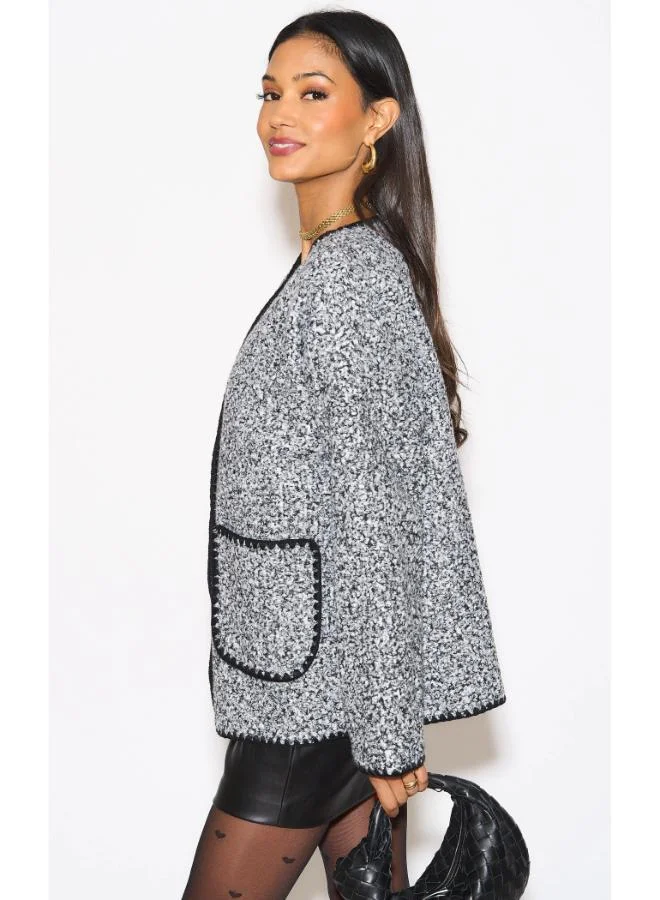 Hoxton Gal Grey Teddy Button‑Front Relaxed Fit Cardigan Contrast Trim