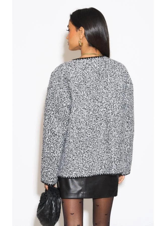 Hoxton Gal Grey Teddy Button‑Front Relaxed Fit Cardigan Contrast Trim