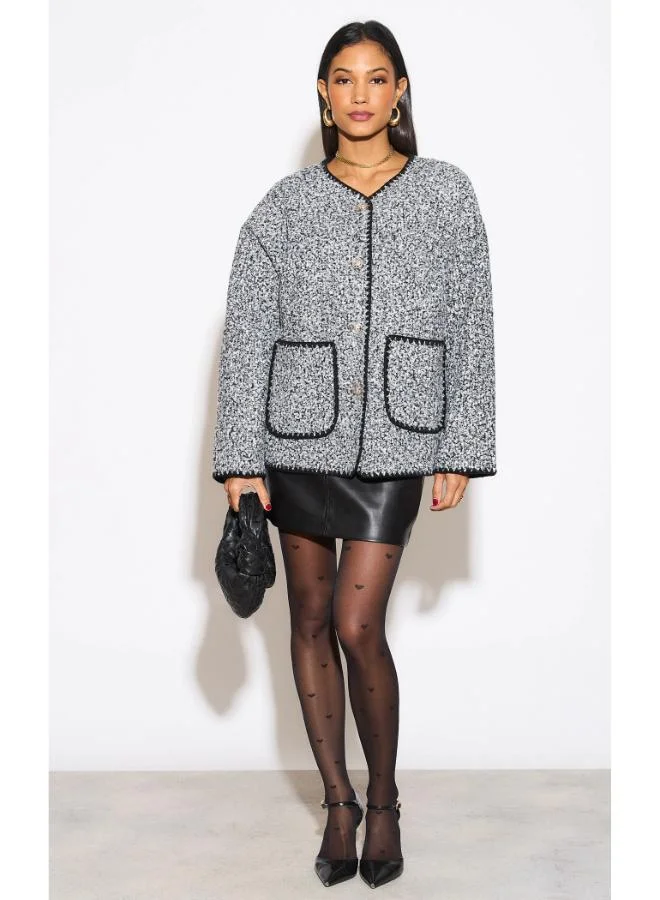 Hoxton Gal Grey Teddy Button‑Front Relaxed Fit Cardigan Contrast Trim
