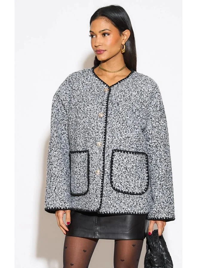 Hoxton Gal Grey Teddy Button‑Front Relaxed Fit Cardigan Contrast Trim