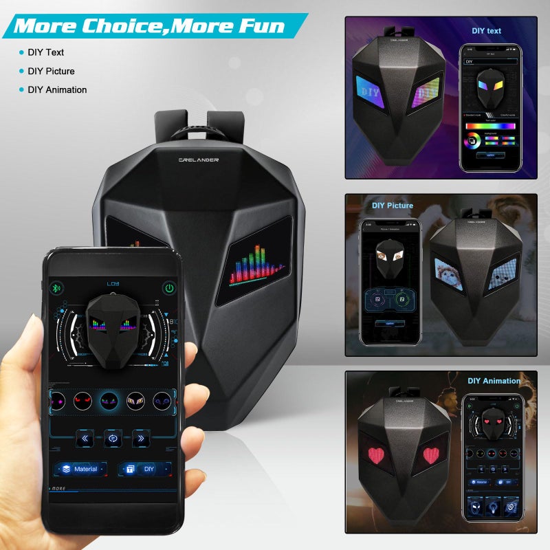 Crelander LED Knight Backpack, 18 inch App Control Expandable Hard Shell Motorcycle Helmet Backpack with DIY Programmable Full Color Screen Waterproof Large Capacity DIY Pixel Art Animation for Riding - Image 4