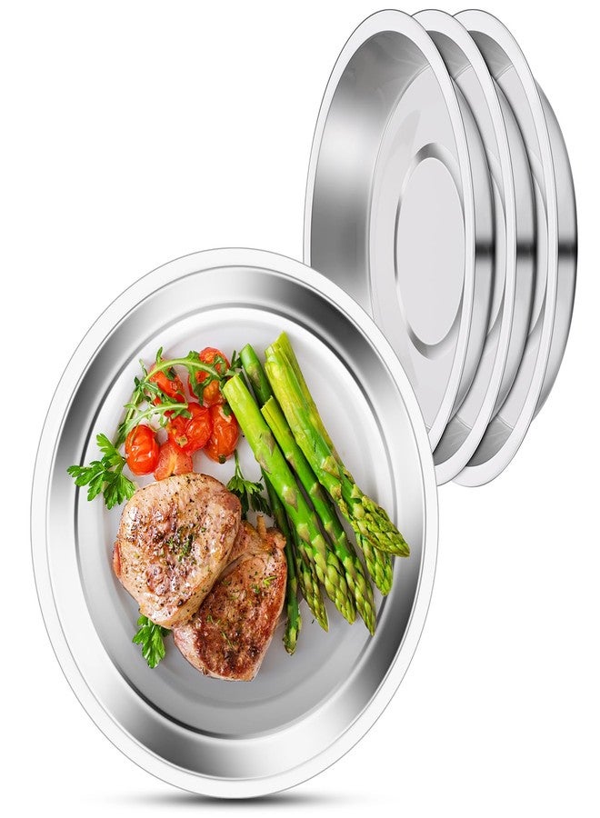 Offiper Deep Metal Camping Plates, 4 Pack 9.4 inch 304(18/8) Stainless Steel Plates, Reusable Pizza Food Serving Snack Eating Salad Dishes Round Shatterproof Plate Silver Dinnerware Dinner Oven Safe - Image 1