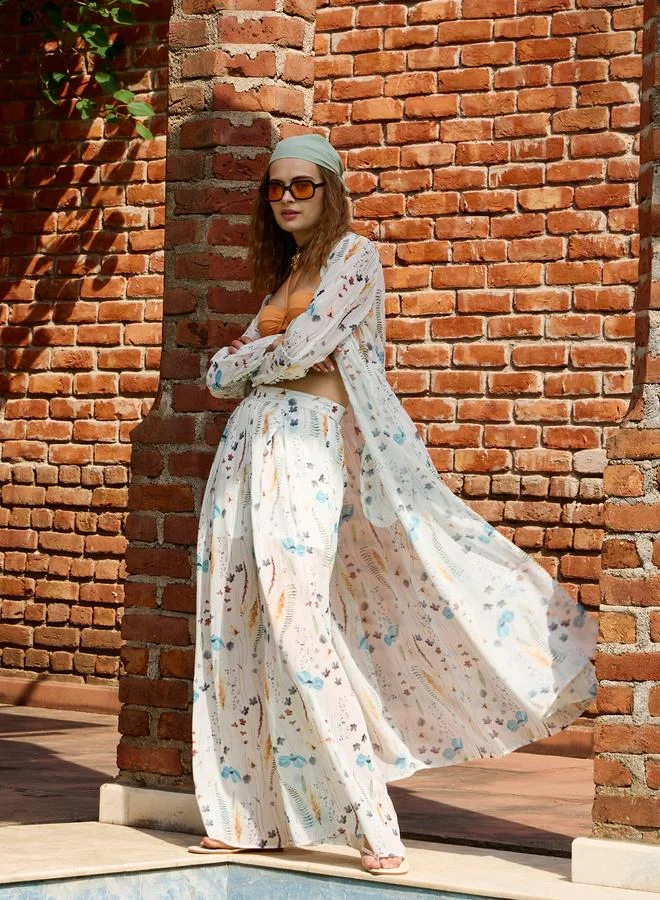 SASSAFRAS Sassafras White Ditsy Floral Long Top and Wide Leg Pants Co-Ords