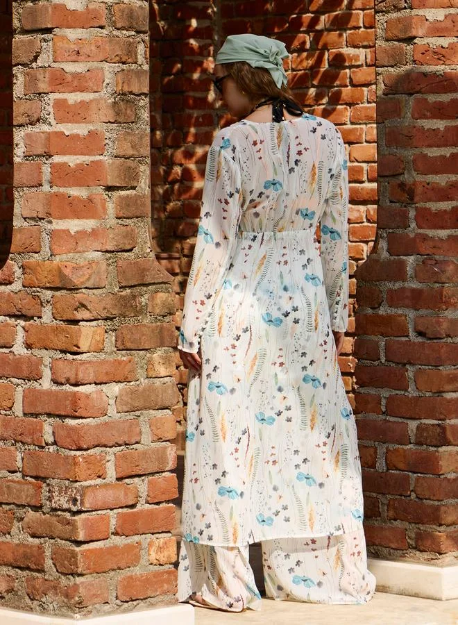 SASSAFRAS Sassafras White Ditsy Floral Long Top and Wide Leg Pants Co-Ords