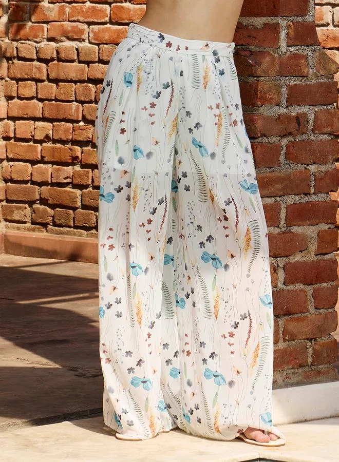 SASSAFRAS Sassafras White Ditsy Floral Long Top and Wide Leg Pants Co-Ords