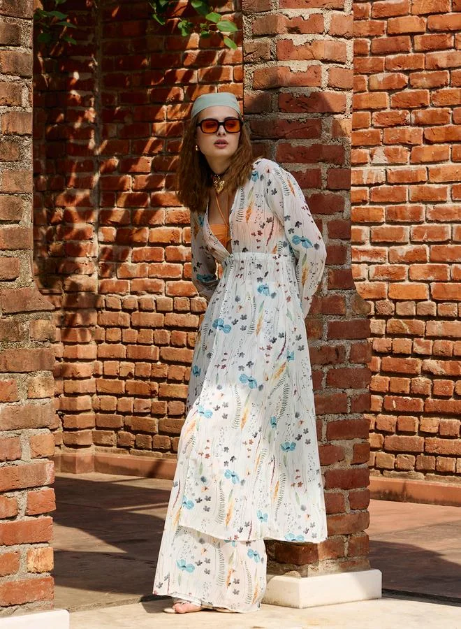 SASSAFRAS Sassafras White Ditsy Floral Long Top and Wide Leg Pants Co-Ords