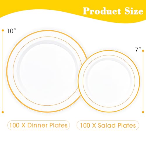 QualQuot 200PCS White Plastic Plates with Gold Rim, Disposable Heavy Duty Plastic Plate, 100 Dinner and 100 Dessert Plates for Party and Wedding - Image 2