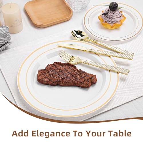 QualQuot 200PCS White Plastic Plates with Gold Rim, Disposable Heavy Duty Plastic Plate, 100 Dinner and 100 Dessert Plates for Party and Wedding - Image 4