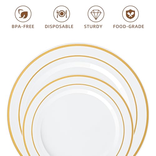 QualQuot 200PCS White Plastic Plates with Gold Rim, Disposable Heavy Duty Plastic Plate, 100 Dinner and 100 Dessert Plates for Party and Wedding - Image 3