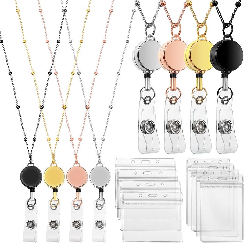 comfrt 4 Piece Retractable Badge Reel Lanyard with ID Holder Badge Lanyard with 8 Waterproof Name Card Holder Stainless Steel Lanyards for ID Badges Badge Holder Necklace - Image 1