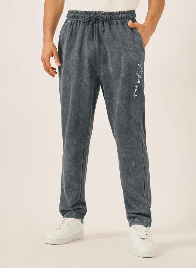 Styli Styli Acid Washed Slogan Print Slim Fit Terry Jogger