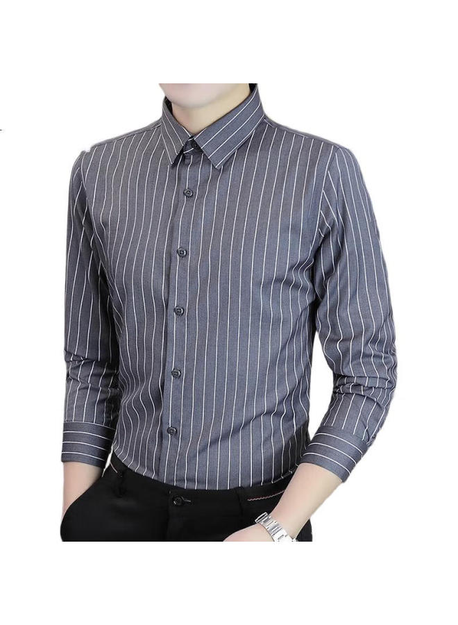 Romon Men'S Winter Business Long Sleeve Shirt Men'S Striped Casual Gentleman Jacket Men'S Gray L - Image 2