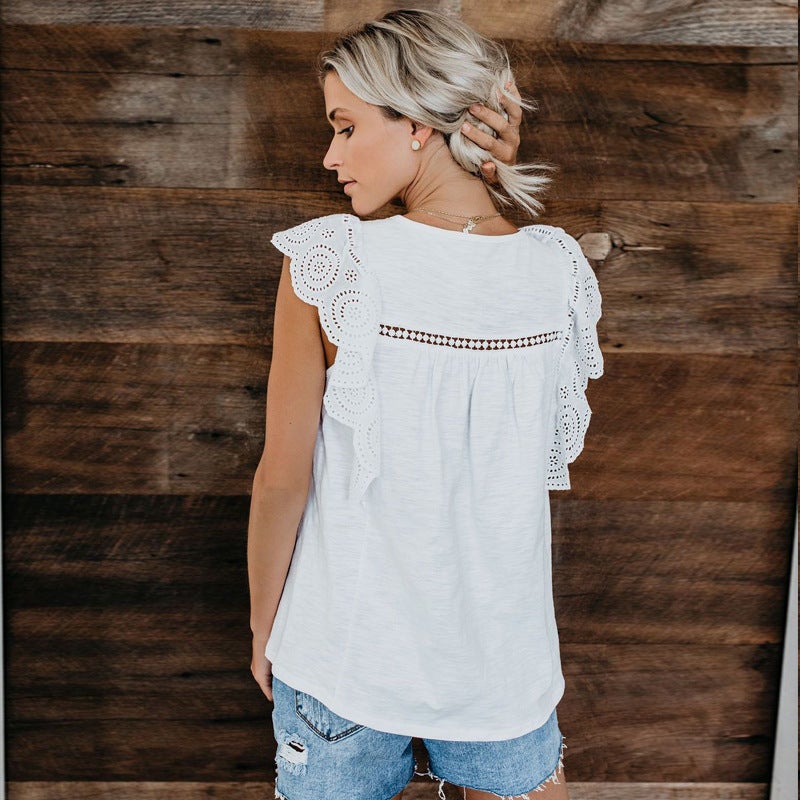 T-shirt tops lace women's short-sleeved European and American cross-border hollow lace stitching casual t-shirt women white XL - Image 4
