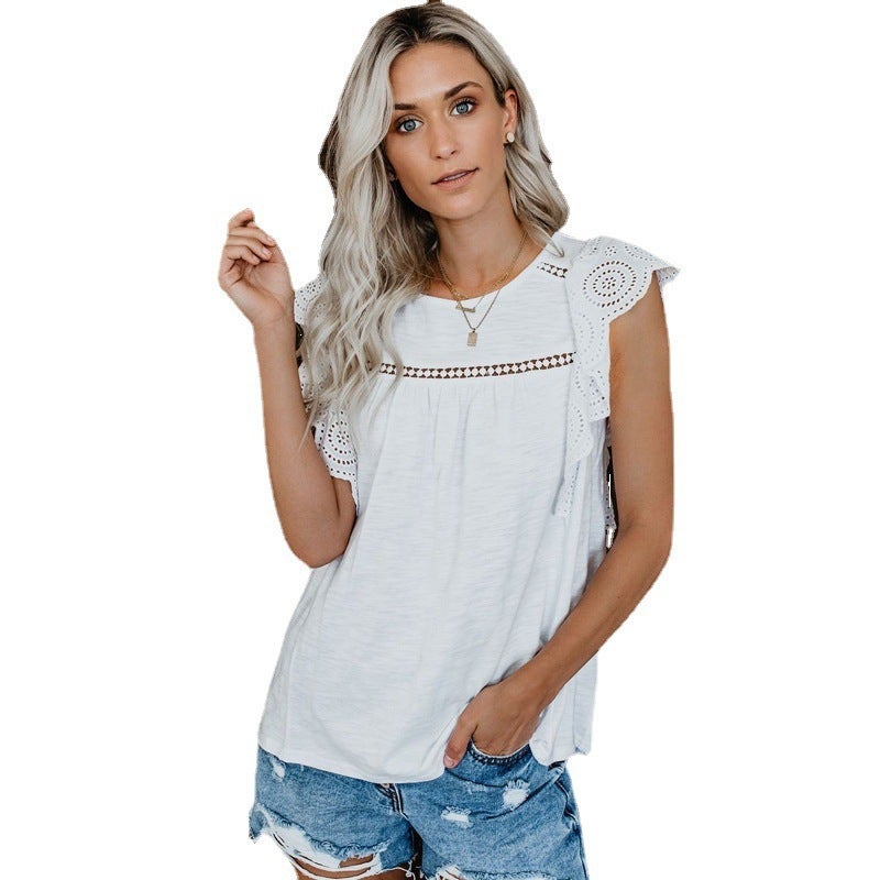 T-shirt tops lace women's short-sleeved European and American cross-border hollow lace stitching casual t-shirt women white XL - Image 3