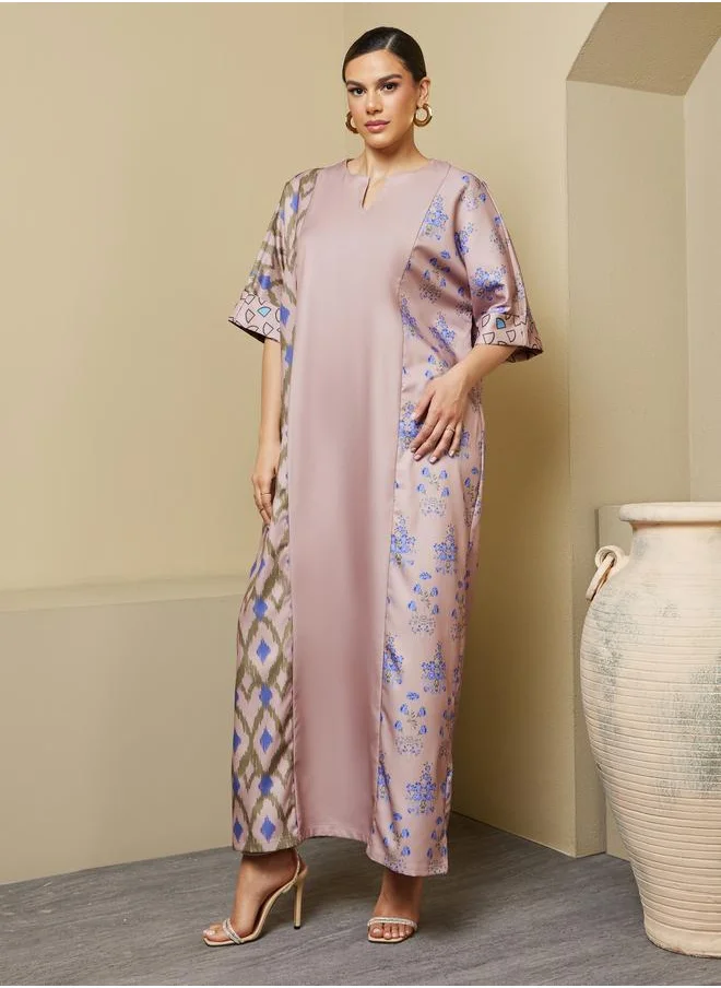 ستايلي Styli Printed Panel A-Line Notch Neck Jalabiya