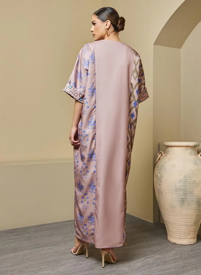 Styli Styli Printed Panel A-Line Notch Neck Jalabiya