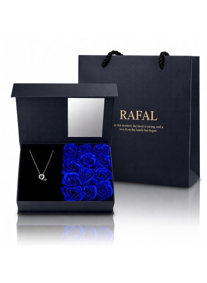 RAFAL Women's Crystal Heart and Ring Pendant Necklace with Blue Velvet Rose Box - Gold or Silver - Image 1