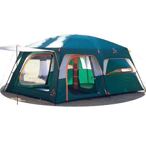 KTT Extra Large Tent 12 Person,Family Cabin Tents,2 Bay-Windows,2 Rooms and 3 Doors 3 Windows with Mesh,Waterproof,Straight Wall,Double Layer,Big Tent for Outdoor,Picnic,Camping,Gathering(Green) - Image 1