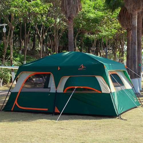 KTT Extra Large Tent 12 Person,Family Cabin Tents,2 Bay-Windows,2 Rooms and 3 Doors 3 Windows with Mesh,Waterproof,Straight Wall,Double Layer,Big Tent for Outdoor,Picnic,Camping,Gathering(Green) - Image 4