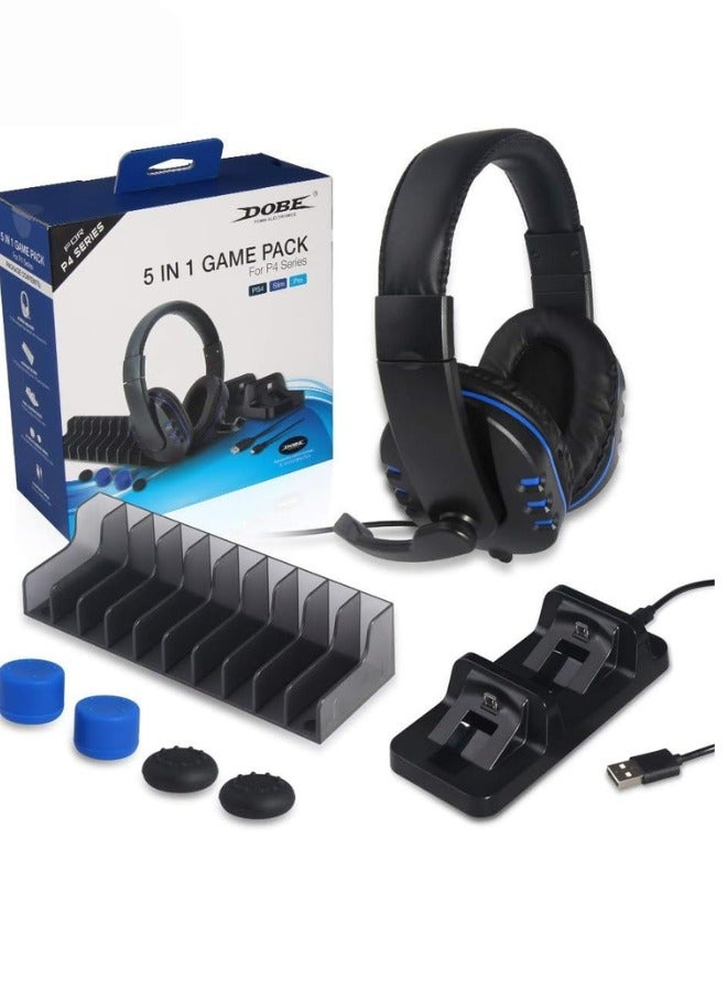 Dobe 5 in 1 Game Pack, Dual Charger Station Dock, Headset with Mic, Disc Stroage Stand, Charging Cable and Thumbstick Cover Grips for Playstation 4 PS4, PS4... - Image 1