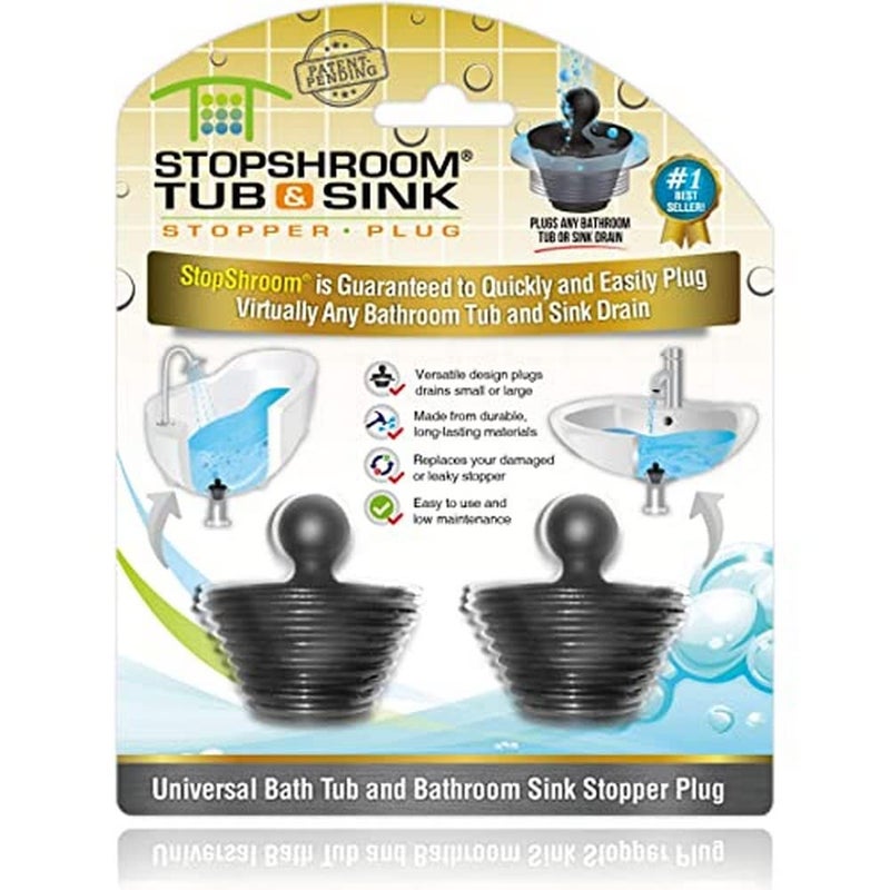 StopShroom Tub 2 Pack Universal Stopper for Bathtub and Bathroom Sink Drains Black Plug 2pk 2 Count - Image 2