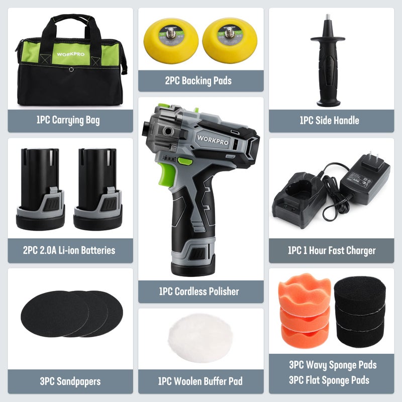 WORKPRO 12V Cordless Polisher, 3" Mini Car Detailing Buffer & Sander Machine Kit with 2 Li-Ion Batteries, Variable Speed Trigger for Auto/DIY Polishing/Sanding/Waxing - Image 2